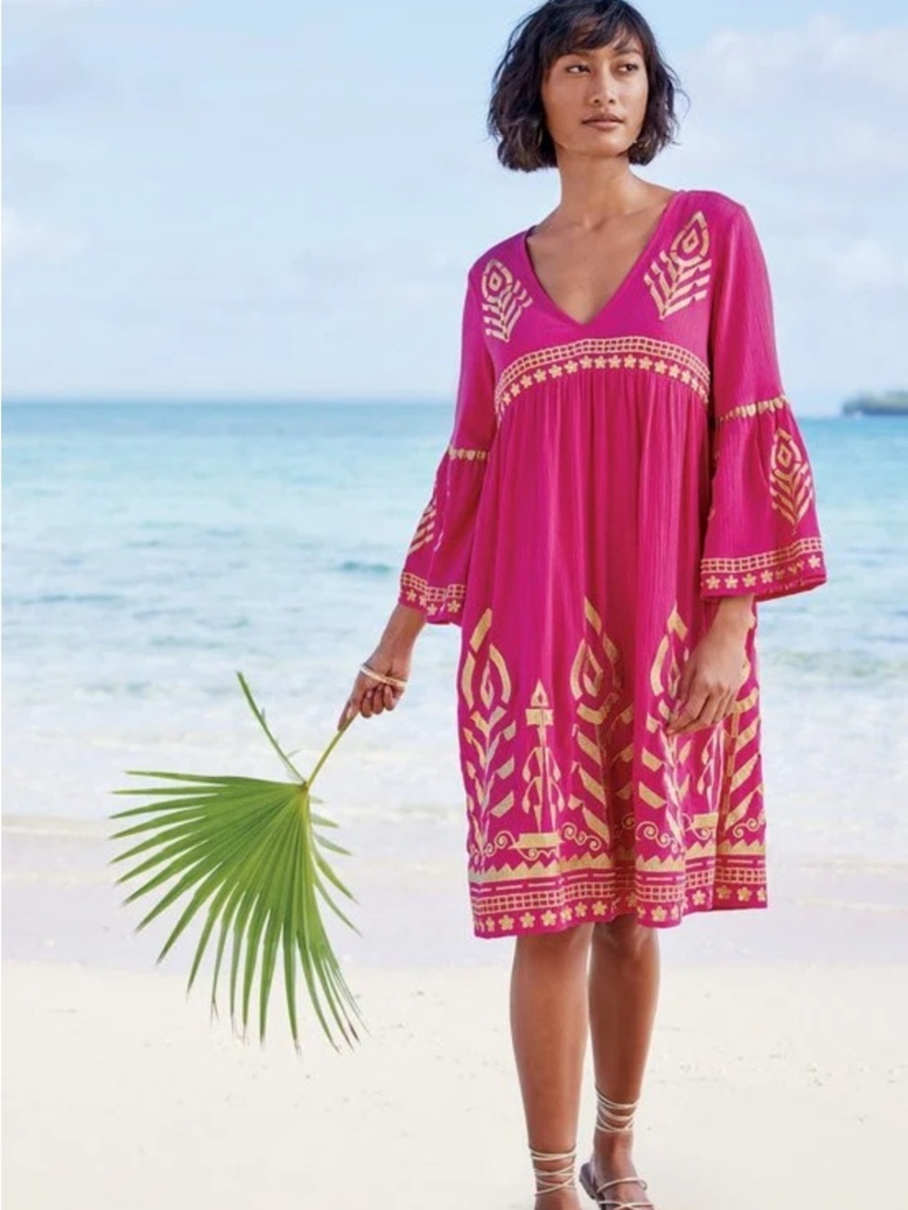 Embroidered V-Neck Fuchsia Beach